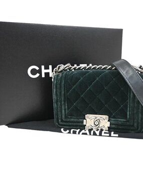 CHANEL Boy CC Chain Mini Shoulder Bag Velvet Leather Green SHW Italy